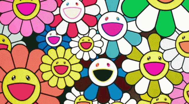 a bunch of flowers with smiley faces in them