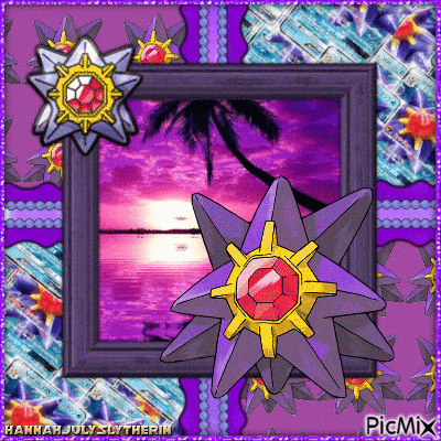 a picture frame with a picture of a sunset and a star with a red stone in the center