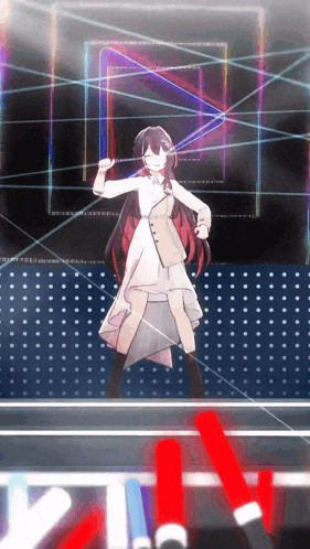 a girl in a white dress is dancing on a stage with red lightsabers in the background