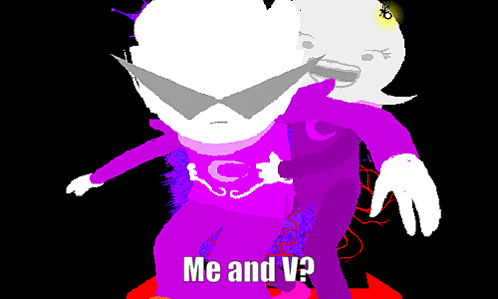 a cartoon character with the words me and v written on it