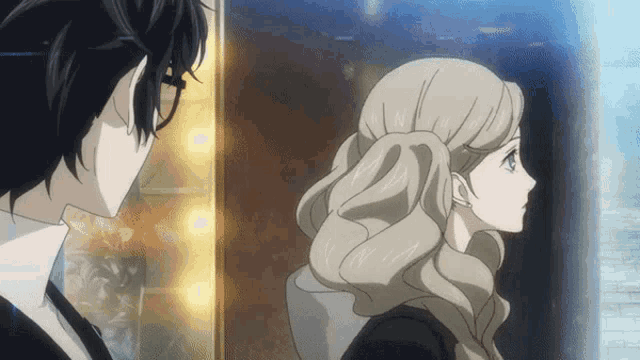 a man and a woman are looking at each other in an anime