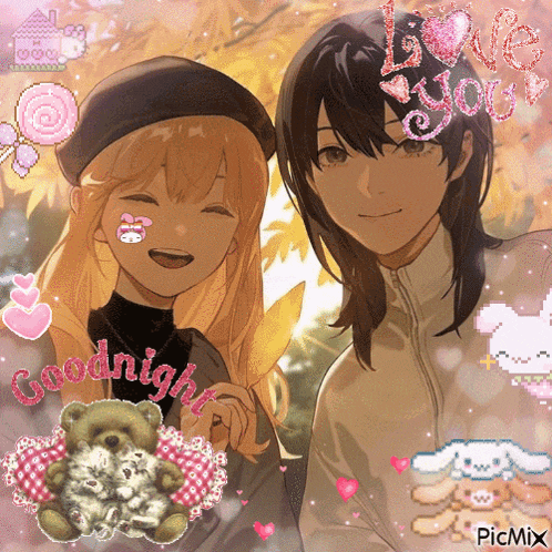 two anime girls are posing for a picture with a teddy bear and the words " goodnight " on the bottom