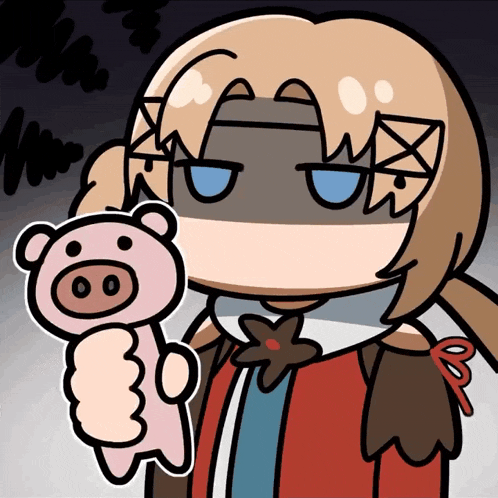 a cartoon of a girl holding a pink pig