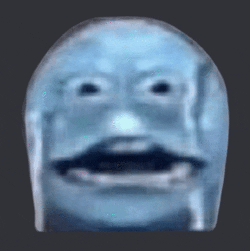 a close up of a blue face with a mustache and big eyes
