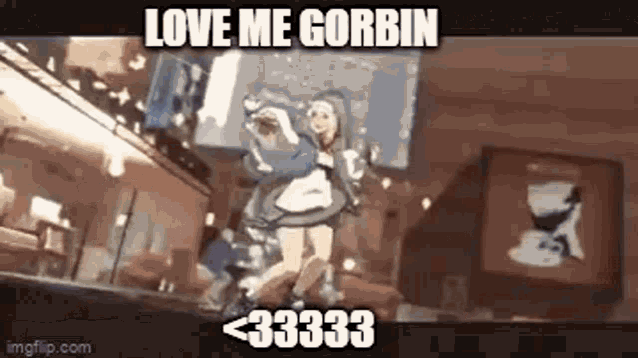 a cartoon of a woman dancing in a room with the words `` love me gorbin '' written on it .
