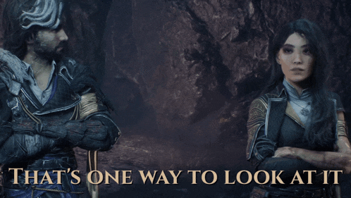 a man and a woman standing next to each other with the words that 's one way to look at it above them