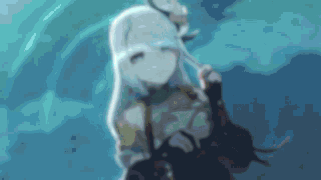 a blurred image of a girl with long white hair holding an umbrella in a video game .