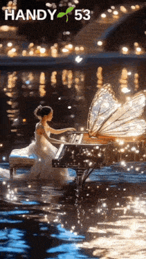 a woman in a wedding dress is playing a piano in the water