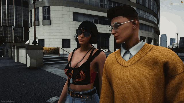 a man in a yellow sweater stands next to a woman