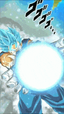 a cartoon character with blue hair is holding a blue ball in his hands .