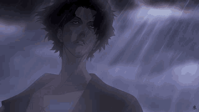 a drawing of a man in the rain with the letters k on the bottom