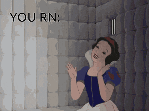 a cartoon of snow white in a jail cell with the words " you rn " above her