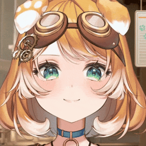 a close up of a girl wearing goggles and a paw print headband