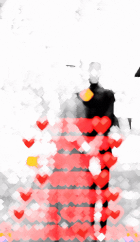 a woman in a red dress is surrounded by hearts on a white background