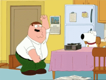 peter griffin is dancing in front of a refrigerator with a calendar on it