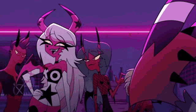 a group of cartoon characters are standing next to each other in a purple room