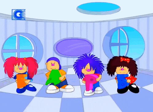 a group of cartoon characters are holding letters in a room with a c on the ceiling