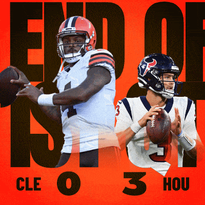 two football players on an orange background with the words end of season cle 0 3 hou