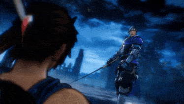 a man in a purple armor is holding a sword