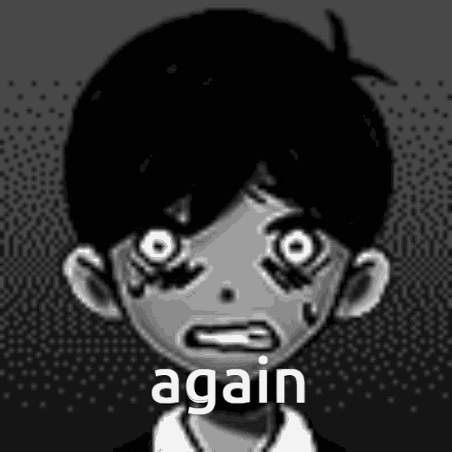 a black and white drawing of a boy with big eyes and the words `` again '' written on it .