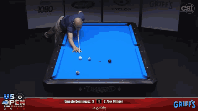a pool table with blue cloth and a man playing pool