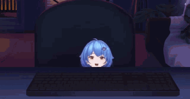 a girl with blue hair is peeking out of a computer screen