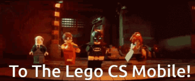 a group of lego characters standing next to each other with the words to the lego cs mobile