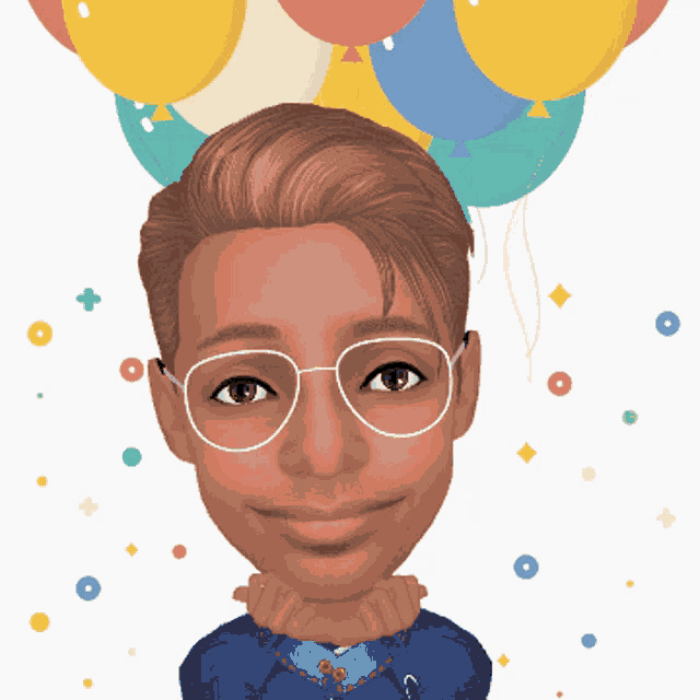 a caricature of a man with glasses and balloons in the background