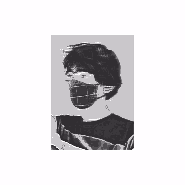 a black and white drawing of a person wearing a mask