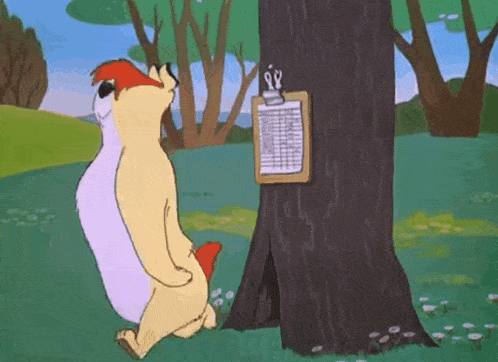 a cartoon of a bear sitting next to a tree with a clipboard on it .