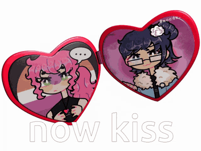 two heart shaped mirrors with the words now kiss on the bottom right