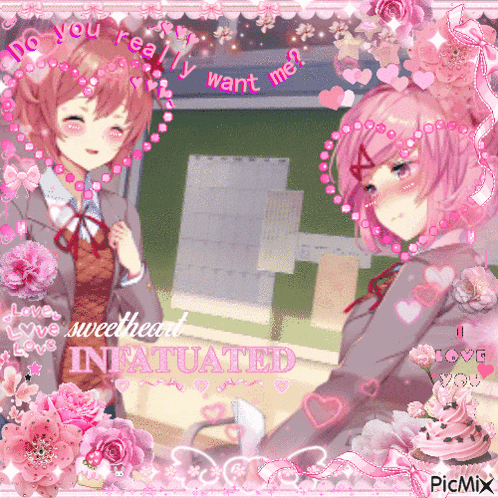 a picture of two anime girls with the words " sweetheart infatuated " on it