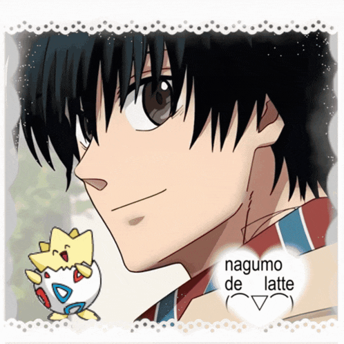 a drawing of a boy and a pokemon that says nagumo de latte on it