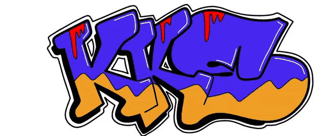 a blue and orange graffiti drawing that says ' karl ' on it