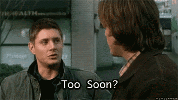 two men are talking to each other and one of them is saying too soon
