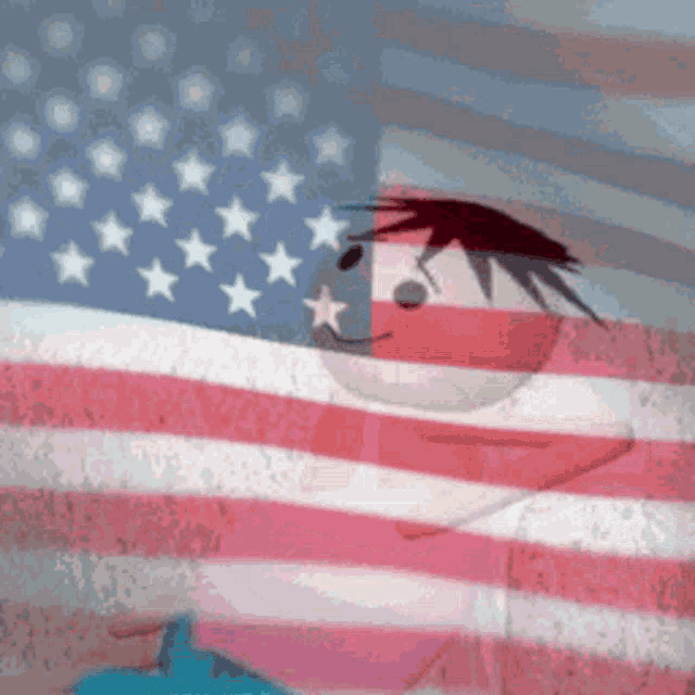 a cartoon character is standing in front of a blurred american flag