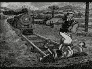 a black and white cartoon of a man pulling a horse on a trailer .
