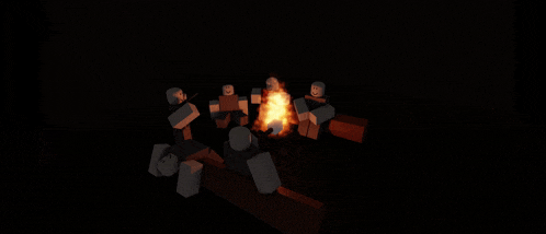 a group of roblox characters sitting around a fire