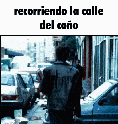 a man in a leather jacket is walking down a street with the words " recorriendo la calle del cono " below him