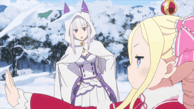 two anime characters are standing in the snow and one is wearing a white cape