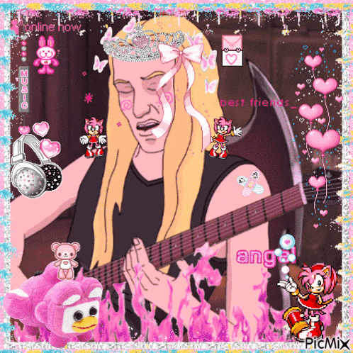 a cartoon of a man playing a guitar with a crown on his head that says angel