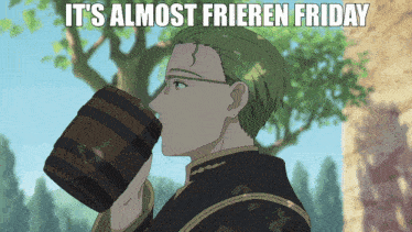 a man drinking from a wooden barrel with the words it 's almost frieren friday