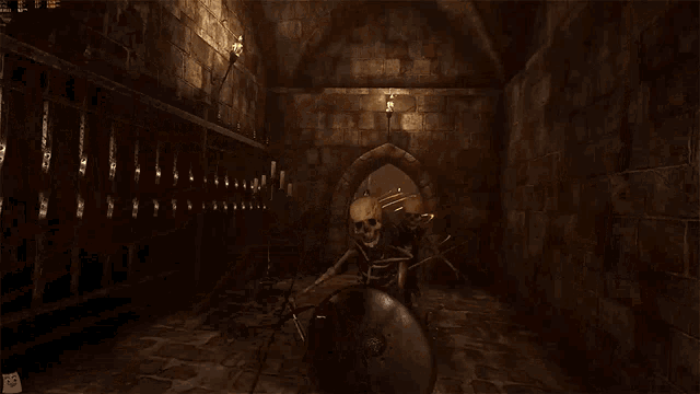 a skeleton is holding a sword in a video game with a yellow glow
