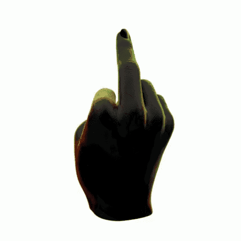 a black hand is making a middle finger gesture on a white background
