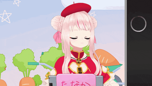 a cartoon of a girl wearing a red beret with chinese writing on it