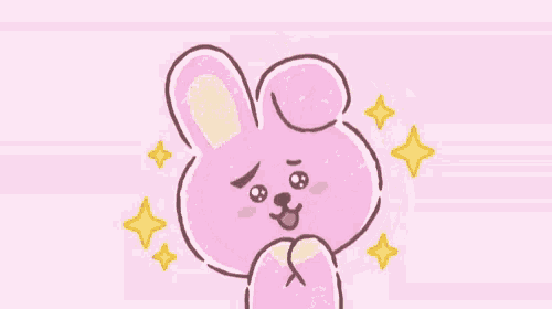 a cartoon drawing of a pink bunny on a pink background with stars around it .