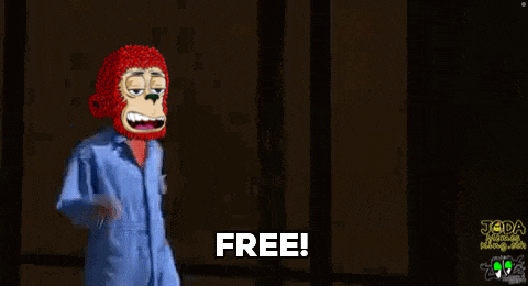 a monkey in a blue jumpsuit is flexing his muscles with the words free below him