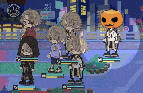 a cartoon character with a pumpkin head is standing next to a group of cartoon characters