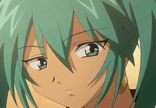 a close up of a girl with green hair