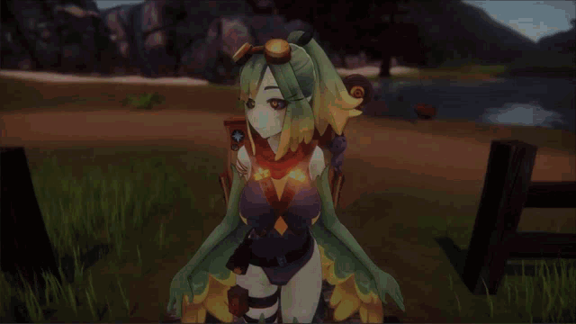 a cartoon girl with green hair and yellow eyes is standing in a field